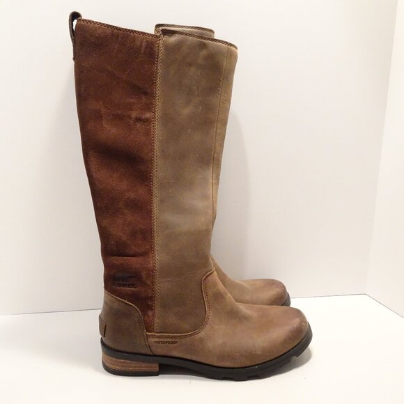 Sorel Boots Womens 6 Emelie Tall Riding Brown Leather Side Zip Knee High Block - Picture 1 of 6